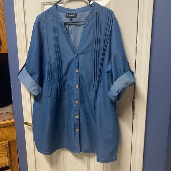 Club Z Collection Chambray Shirt Wooden Buttons Woman 2X Pleated Roll - Picture 3 of 7